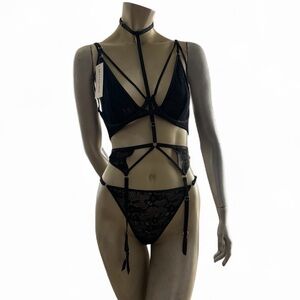 Oh La La Cheri  3pc Banded Lace Bra, Panty & Neck Garter Set- NWT-L